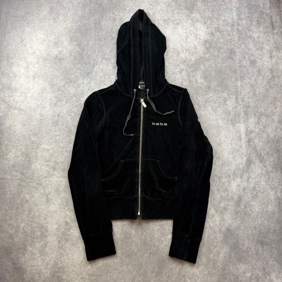 bebe Tops - Bebe Black Corduroy Velour Zip Up Hoodie Y2K Crystal Logo Small Made in USA